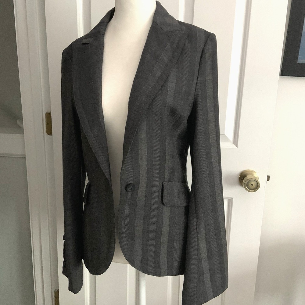 MNG by Mango Y2K Subtle Stripe Gray Wool Single Button Blazer Women sz 8